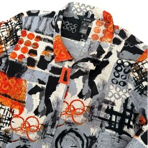Ali‎ Miles Orange Black Abstract Print Artsy Boho Lagenlook Button Top Blouse L